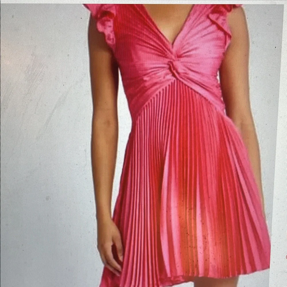 Moon river Pink satin Dress with gathered bust, pleated skirt &Ruffle Sleeve - Picture 1 of 10
